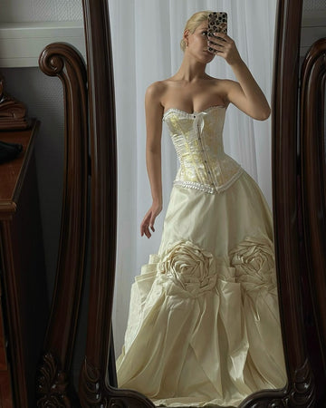 Vintage Ball Gown Sweetheart Neck Corset Floral Satin Prom Dress Party Dress HZ1023